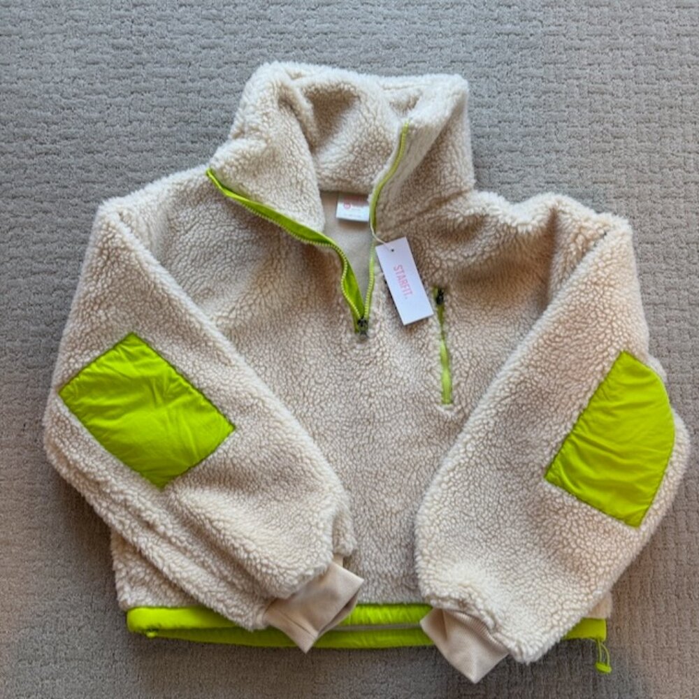Starfit fleece quarter-zip pullover with lime green patch details NWT Size S/M